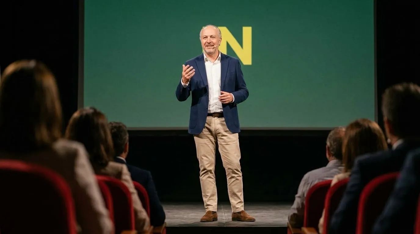 Alberto Nadal dando una charla sobre franquicias ante el público en un teatro